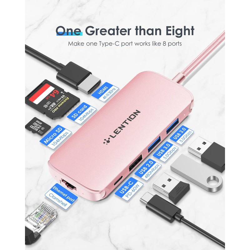 LENTION Ultra-Thin USB C Hub with Ethernet, 4K HDMI, 2