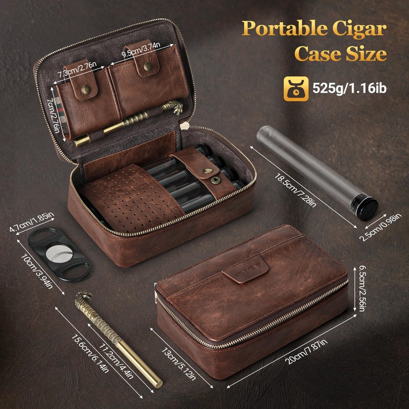 SEMKONT Cigar Humidor,Leather Travel Cigar Humidor,Include 4 Cigar Tubes with