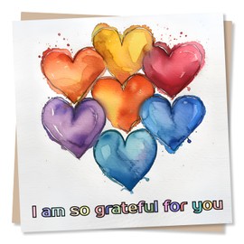 Thank You Card with Watercolour Hearts - I Am So Grateful For You - Beatiful Design - Thank You, Appreciation, Thinking of You, Merci, Card of Appreciation