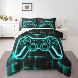Feelyou Kids Gamer Comforter Set Twin Size Teal Blue and Black Bedding Set for Boys Teens Decor Gaming Ombre Comforter Geometric Square Duvet Set 2Pcs with 1 Pillow Case