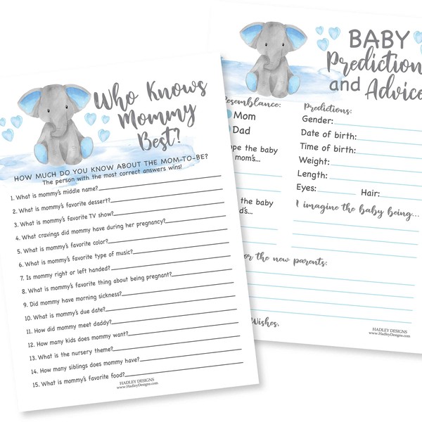 Blue Elephant Baby Shower Games for Boys - 2 juegos de doble cara, 25 Who Knows Mommy Best Baby Shower Juego para jugar, 25 tarjetas de predicción y consejo de bebé, tarjetas de consejos de baby shower, ideas para baby shower