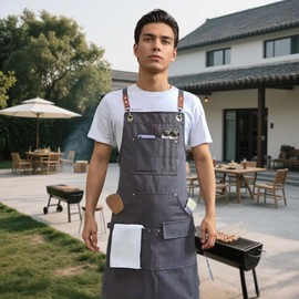 BBQ apron for men women,chef bbq work apron,Adjustable Canvas Apron with 7 Pockets,Crossback,Waterproof, lightweight (Grey)