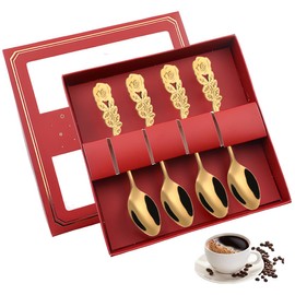 NJCXOLA Coffee Spoon Set, 4 Pieces Gold Stainless Steel Dessert Spoon Set, Teaspoon, Yoghurt Spoon, Small Home Spoon for Tea, Milk, Coffee, Gift Pack, Ordinary Gift Box