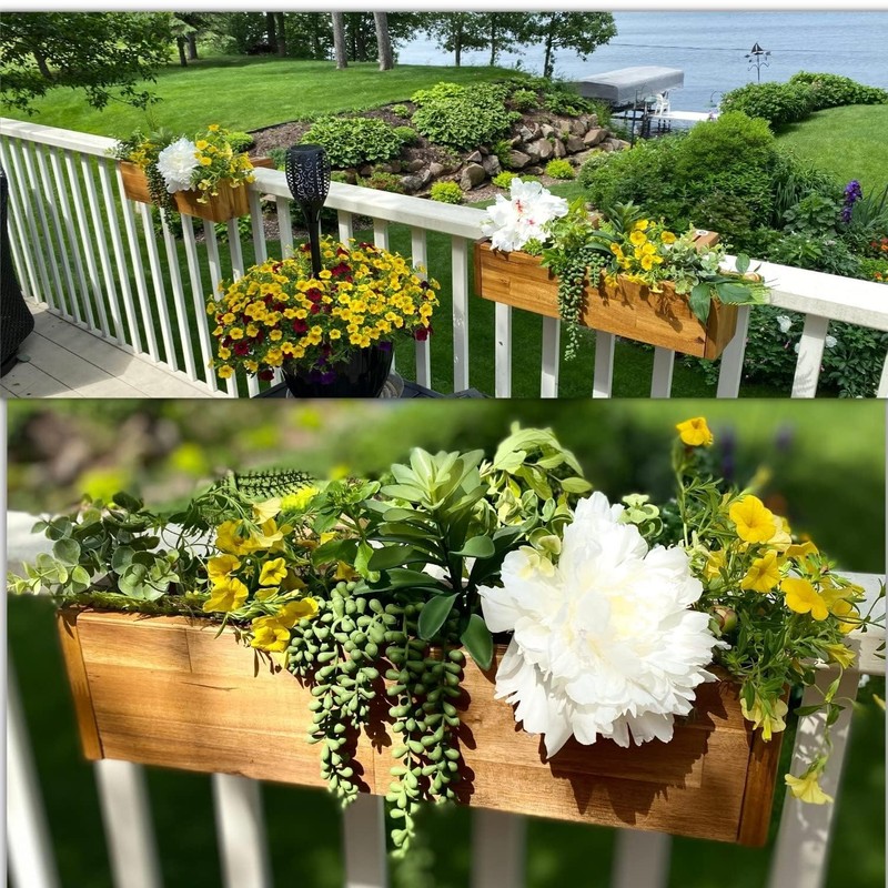 Patio Wise Acacia Wood Railing Planter Box, Outdoor Hanging Flower,