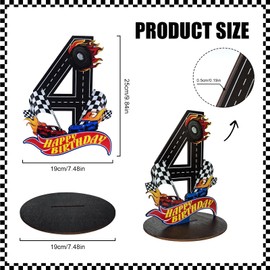 JHGCVX Race Car 4th Birthday Number Sign Centerpiece,Race Car Theme 4th Number Stand Sign,Wooden Table Decoration Photo Props for F1 Racing 4th Birthday Decorations