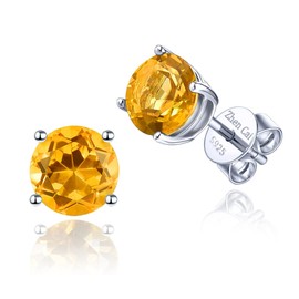 ZhenCai Women Stud Earrings S925 Sterling Silver Round 5mm Natural Gemstone Birthstone Rhodium Plated Fine Jewelry (Natural Aquamarine)