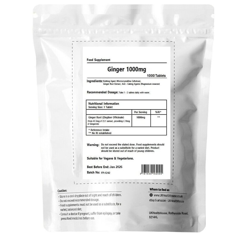 UKHealthHouse Ginger Root 1000mg Extract 1000 Tablets - Providing Gingerols