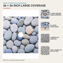 Large Square Shower Mat Non Slip with Central Drain Hole 36"x36"