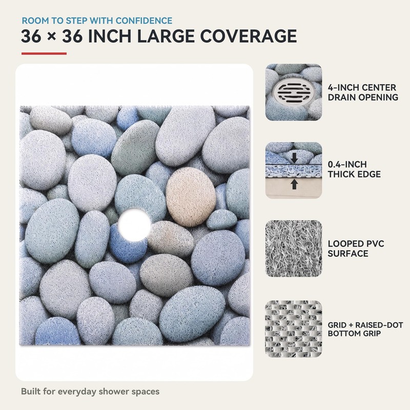 Large Square Shower Mat Non Slip with Central Drain Hole