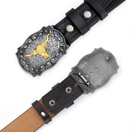BISON DENIM Mens Western Leather Cowboy Belt - Longhorn Cow Pattern Buckle with Floral Longhorn Bull Texas Buckle Belts