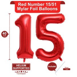 40 Inch Red 15 Number Balloons Giant 15 or 51 Balloons Red Birthday 15 Balloons 15th Birthday Anniversary Party Decorations Supplies