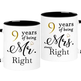 WOSIWULA 9 Year Anniversary Coffee Mugs Set of 2, 9 Years of Being Mr Right/Mrs Always Right, 9th Wedding Anniversary Decorations Gifts Presents Cups for Couple Parents Grandparents, 11oz