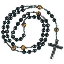 Lovionus89 Black Gallstone Cross Pendant, Natural Healing Crystal Stone Beads, Long Necklace for Men, Women, Stress Relief Balance, Stone