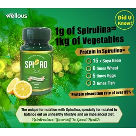 SPI2RO Spi2ro Come with Spinach Powder Contain High Fiber, Spirulina Rich in Minerals & Vitamins, Chlorella with Chlorella Growth Factor, Lemon Taste |60 Tablets |1 Box, 60.0 Count