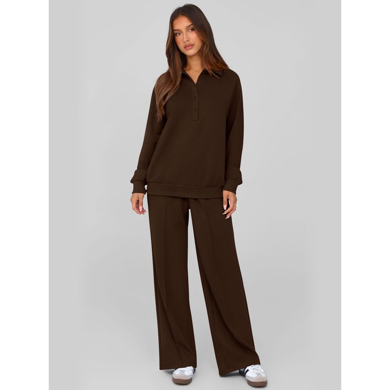 PRETTYGARDEN Women Fall 2 Piece Outfits Sweatsuits Quarter Button Long