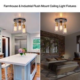 foucasal Flush Mount Ceiling Light 3-Light Black Semi Ceiling Light Fixture with Clear Glass Shades, Farmhouse Industrial Gold Brass Kitchen Ceiling Lights for Hallway Entryway Dining Roon Bedroom