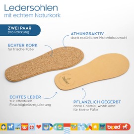 biped 2 Pairs of Children's Premium Leather Insoles with Real Natural Cork - Soft Insoles Vegetable Tanned - Breathable Soles for All Children's Shoes z2767 (26-27)
