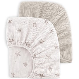Bearmoss Muslin Crib Sheets 100% Cotton Baby Crib Sheets Fitted for Standard Crib Mattress & Toddler Bed Mattress 52"x28" Soft Breathable Crib Sheet Neutral for Boys Girls - 2 Pack(Grat Star)