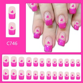 Valentine's Day Press on Nails Short Square Fake Nails With Pink Heart Designs Valentines Day Pink Glitter French Tip False Nails Full Cover Stick on Nails Acrylic Romantic Nails for Women 24 Pcs