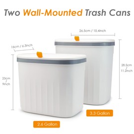 YQ77 3.3+2.6 Gallon Kitchen Compost Bin for Counter Top or Under Sink, 2-in-1 Combo Pack Kitchen Hanging Trash Can Set with Lid, Plastic Wall-Mounted Garbage Can for Cupboard, Office