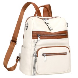 ALTOSY Genuine Leather Backpack Purse for Women Large Shoulder Bag With Laptop Compartment Multiple Pockets (S106 Beige/Brown)