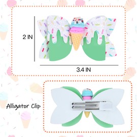 Ice Cream Hair Bow Clips, 3.4 Inch Sparkly Confetti Sprinkle Birthday Hair Bows Full Lined Metal Alligator Clips Boutique Bow-knot Hair Accessories for Girls Toddlers Kids Teens - Green