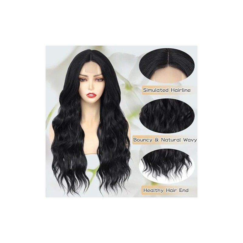 Peluca Ondulada Negra Larga Lace Front para Mujer Peluca Ondulada