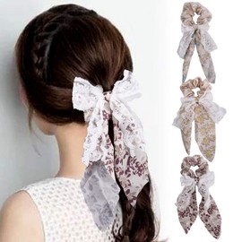Pokinge 3pcs Sweet Lace Bow Scrunchies Hair Band Pastoral Style Scrunchies Elastic Hair Bands for Women Hair Ties Flower Lace Hair Rope Hair Accessories