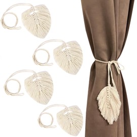 ZoeWei Curtain Tiebacks, Pack of 4 Boho Curtain Drawstrings, Handmade Tiebacks Curtains with Leaf Shaped Macramé Curtain Holder for Home, Office, Living Room, Bedroom Decoration (Beige)