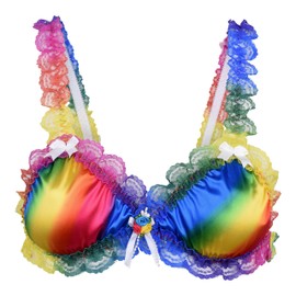 Satini Sissy Frilly Lace Fitted Satin Bralette (Rainbow, S)