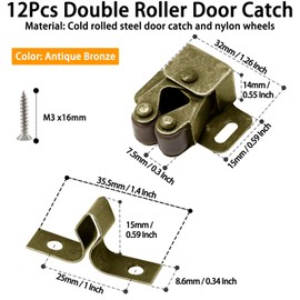 Cjueiom 12 Pack Double Roller Catch Cabinet Latches, Antique Bronze Zinc Plated Cabinet Wardrobe Latch with Spear Strike, Cold Rolled Steel Cupboard Door Catch Latch for Home Furniture Closet Door