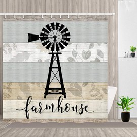 JAWO Farmhouse Shower Curtain, Vintage Windmill on Rustic Wooden Plank Bathroom Curtain, Country Wooden Plank Polyester Fabric Shower Curtain Set with Hooks, 36x72inches