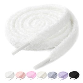 Stepace 2 Pairs of Flat Plush Shoelaces, 10 mm Wide, Thick Fluffy Shoelaces for Trainers, Casual Shoes, White