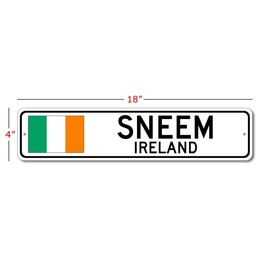Sneem, Ireland - Irish Flag Street Sign - Metal Novelty Sign, Gift Sign, Man Cave Street Sign, Ireland City Sign, Irish Pub and Bar Wall Decor, Made in USA - 4x18 inches