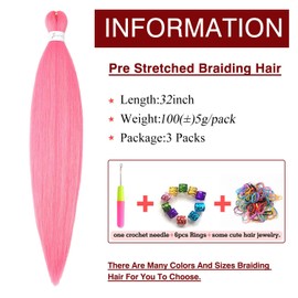 Pink Braiding Hair Pre-Stretched 32inch 3 Packs Braiding hair Extensions Synthetic Crochet Braids, Hot Water Setting Professional Soft Yaki Texture. (32inch(3Packs),Pink#)