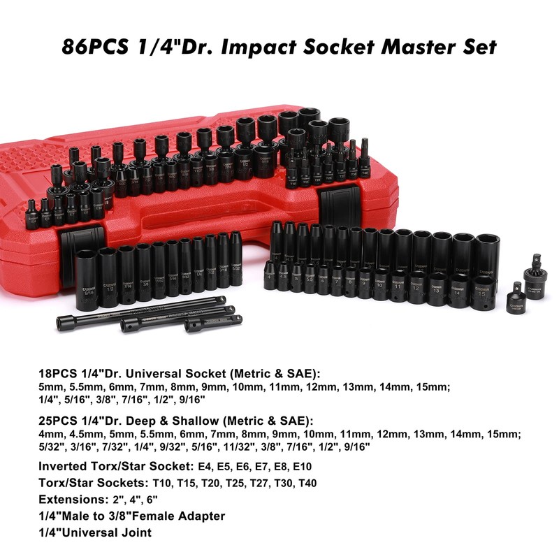 CASOMAN 1/4 Inch Drive Master Impact Socket Set with Adapters,