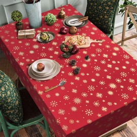 Yrendenge Christmas Tablecloth Red Gold Tablecloth Snowflake Star Rectangular Tablecloths Washable Tablecloth Waterproof Winter Holiday Party Christmas Decoration Table Linen, 140 x 240 cm
