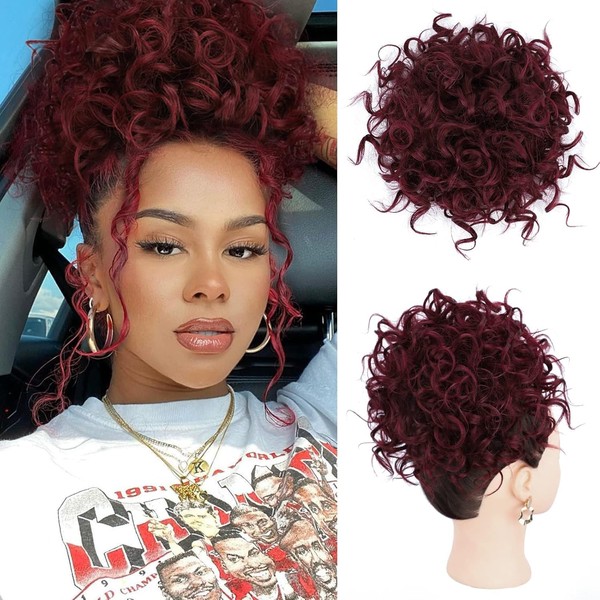 PORSMEER Dark Red Messy Bun Hair Piece,Loose Wave Curly Hair