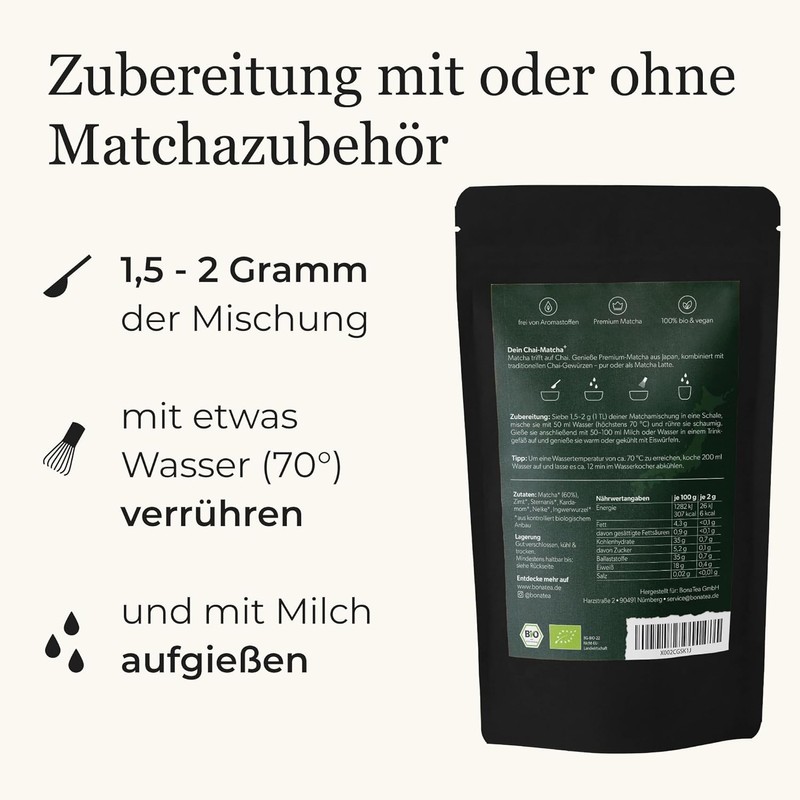 Organic Chai Matcha+, Organic Premium Matcha (60%) with Chai Spices,