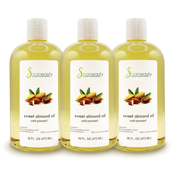 Soapeauty Sweet Almond Oil Cold Pressed Refined | 100% Pure Sweet Almond oil Available in Bulk | Carrier for Essential Oils, Almond oil for Skin, Face, and Hair, Soap Making (48 fl oz 3 * 16 fl oz)