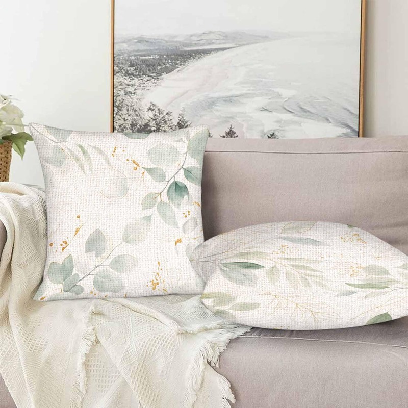 Botanical Plant Throw Pillow Covers Set of 2,Green Gold Floral