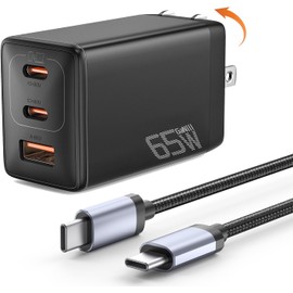 PD Charger, 65 W, Type C Rapid Charger, Type C Charging, GaNIII, Advanced Ultra Low Temperature, Three Devices Simultaneously Charged, PSE Certified, Lightweight, Small, Nylon Braided 3.3 yd (1 m),