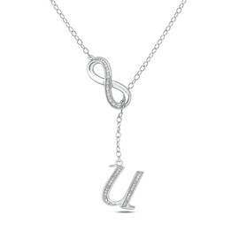 Collar de diamantes Infinity Lariat para mujer en plata de ley 925, collar con colgante de alfabeto de plata para mujer con detalles de diamante, disponible en letras de la A a la Z, cadena de cable