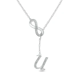 Collar de diamantes Infinity Lariat para mujer en plata de ley 925, collar con colgante de alfabeto de plata para mujer con detalles de diamante, disponible en letras de la A a la Z, cadena de cable