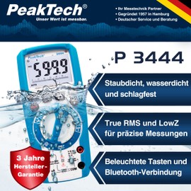 PeakTech 3443 Digital Multimeter with LED Lamp, Waterproof (IP67), 6000 Counts, Extremely Robust Housing, Hand Multimeter, Voltage Meter, Continuity Tester Measure, Measuring Device CAT III 1000 V
