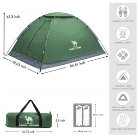 CAMEL CROWN 2 Person Camping Tent with Removable Rain Fly, Easy Setup Outdoor Tents Water Resistant Lightweight Portable for Family Backpacking Camping Hiking Traveling (Army green-2person)
