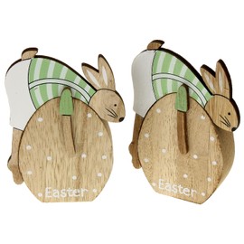Macosa HN57688_x2 Decorative Eggs Set of 2 Wooden 10 cm Easter Egg with Easter Bunny Brown Green Polka Dots Decorative Feather Easter Decoration Wooden Easter Egg Easter Decoration Table Decoration