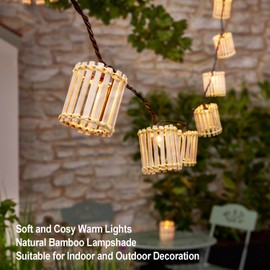Decorative String Lights, 10 Incandescent Mini Bulbs with Natural Bamboo Woven Lampshade, 8.5Ft Connectable Waterproof Outdoor Lantern String Lights, Perfect for Patio, Garden Balcony, Pergola, Porch