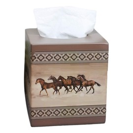 Ebros Rustic Western Wild and Free 5 Running Horses with Southwest Vector Symbols Tan Bathroom Accent Accessories Horse Country Cabin Lodge Farmhouse Decorative (Tissue Box Cover)