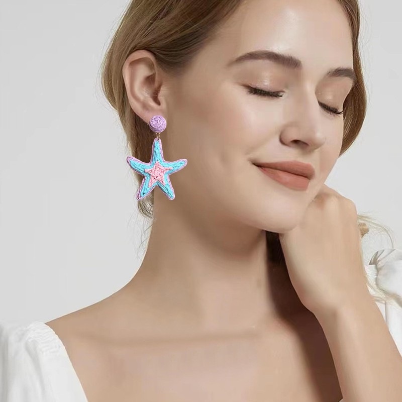 Anmpab Boho Raffia Starfish Earrings Raffia Straw Wrapped Starfish Drop